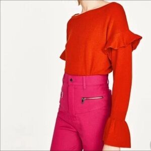 Zara Women’s Red Orange Bell Sleeves Ruffle Knit Long Sleeve Flounce Sweater